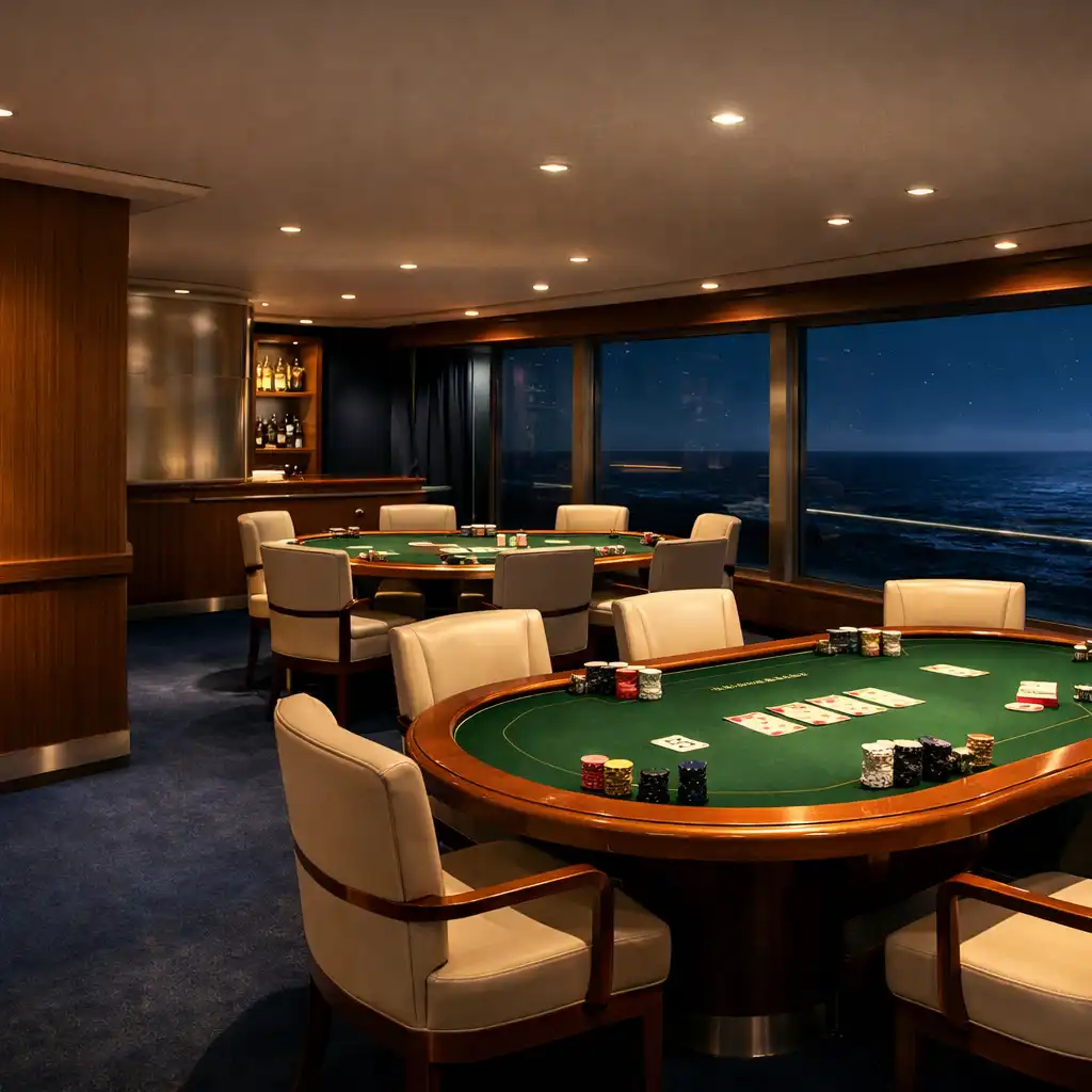 Spokojne wnętrze poker roomu na statku wycieczkowym, z zielonymi stołami i łukowym sufitem