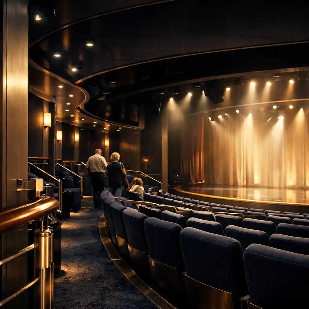 Wnętrze współczesnego teatru na statku wycieczkowym przed wieczornym przedstawieniem